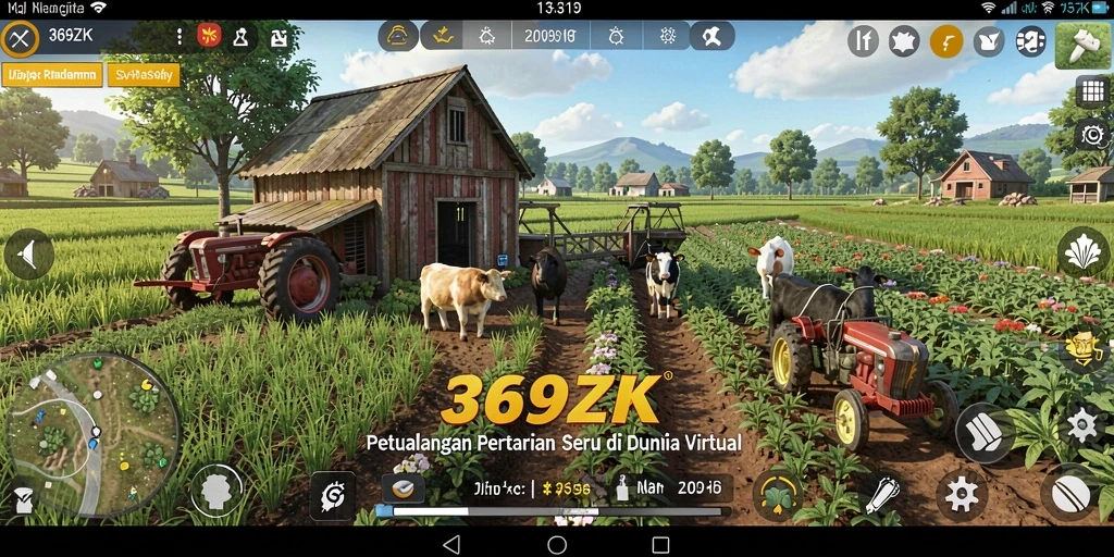 Screenshot gameplay 369ZK menampilkan pemandangan ladang dan aktivitas bertani.