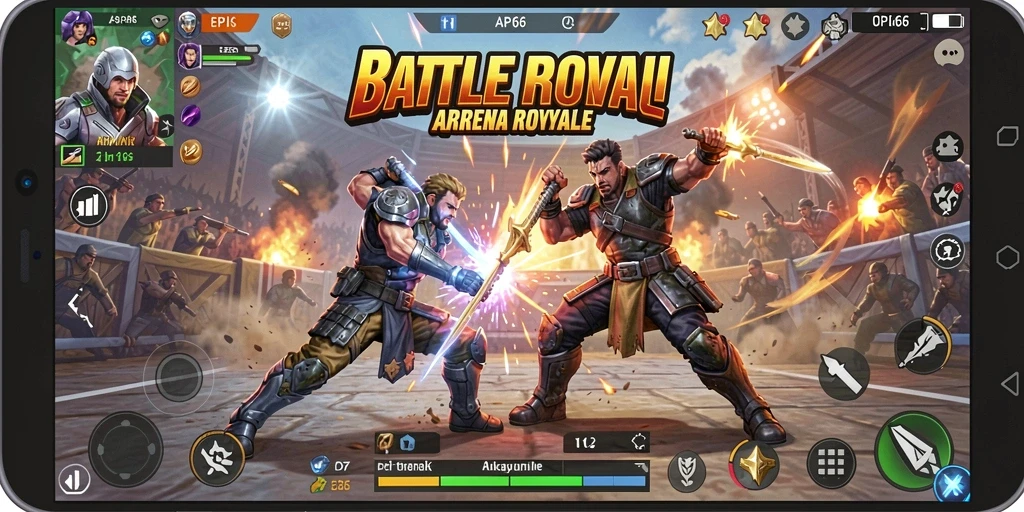 Screenshot utama API66 menunjukkan pertarungan seru dalam arena Battle Royale.