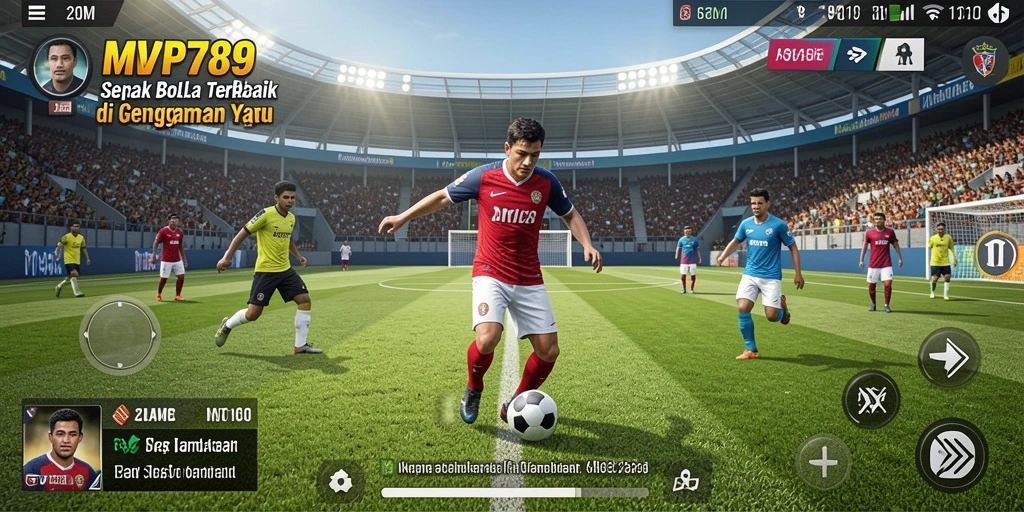 Screenshot utama menunjukkan intensitas gameplay di lapangan sepak bola.